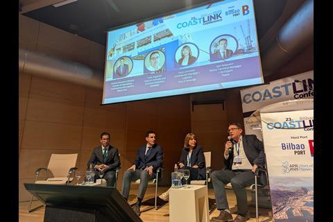 Session 3 panelists, Igor Salguero, Andima Bengoa, Kyra Lemmens and Uwe Augustat discuss Infrastructure Developments to support short sea shipping